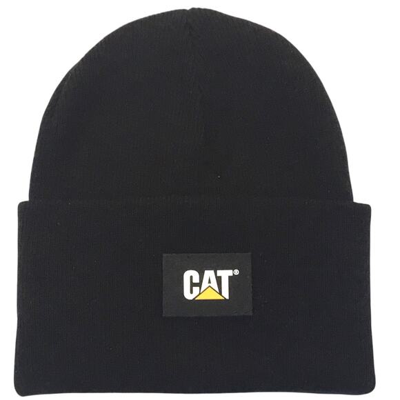 Caterpillar Black Cap Hat CAT Knit Beanie Cuff Logo Tab NWOT - Picture 1 of 2